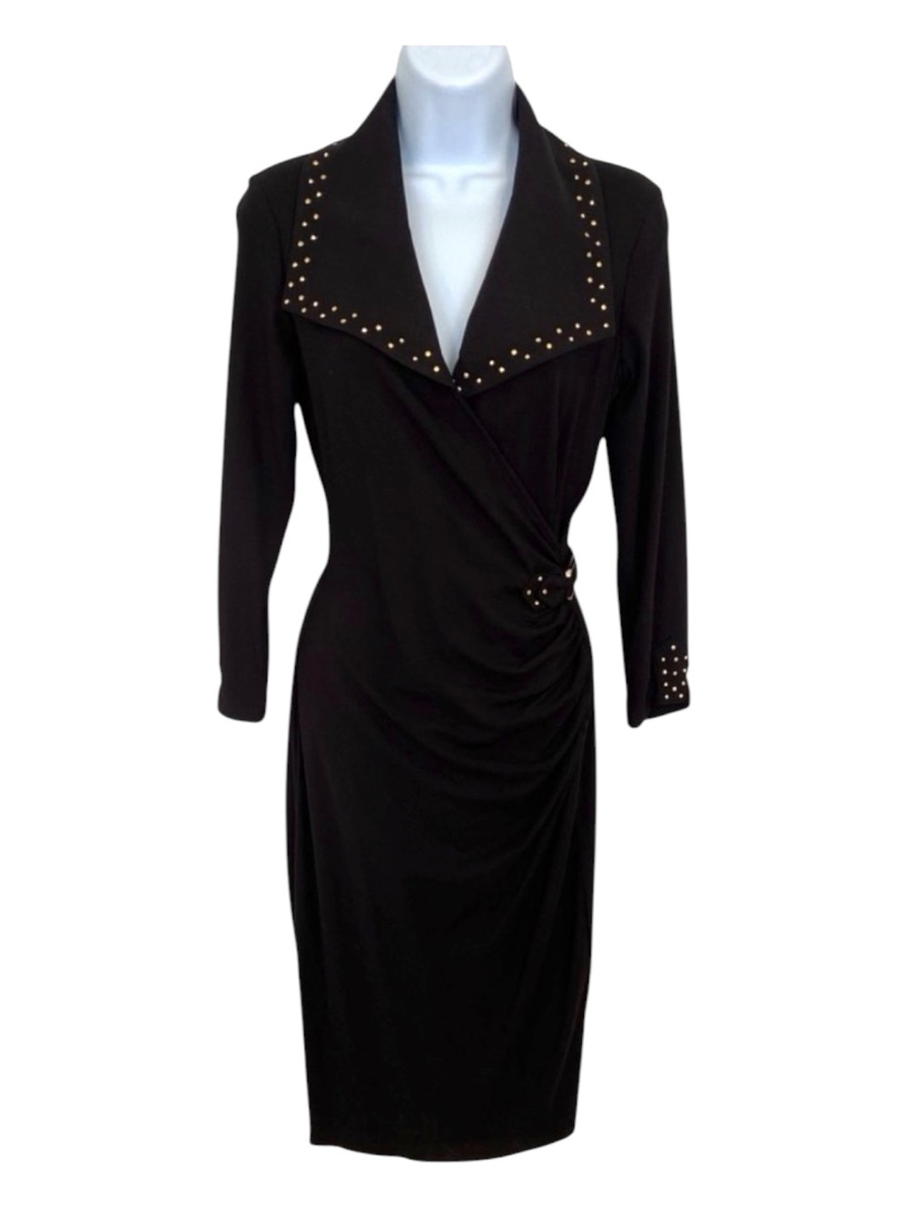 Caché Black Gold Studded Ruched Executive Dress Statement Workwear Small